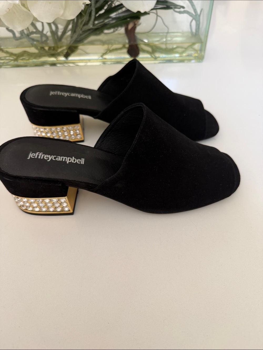 Jeffrey Campbell Black Suede Mules with Gold Crystal Block Heels